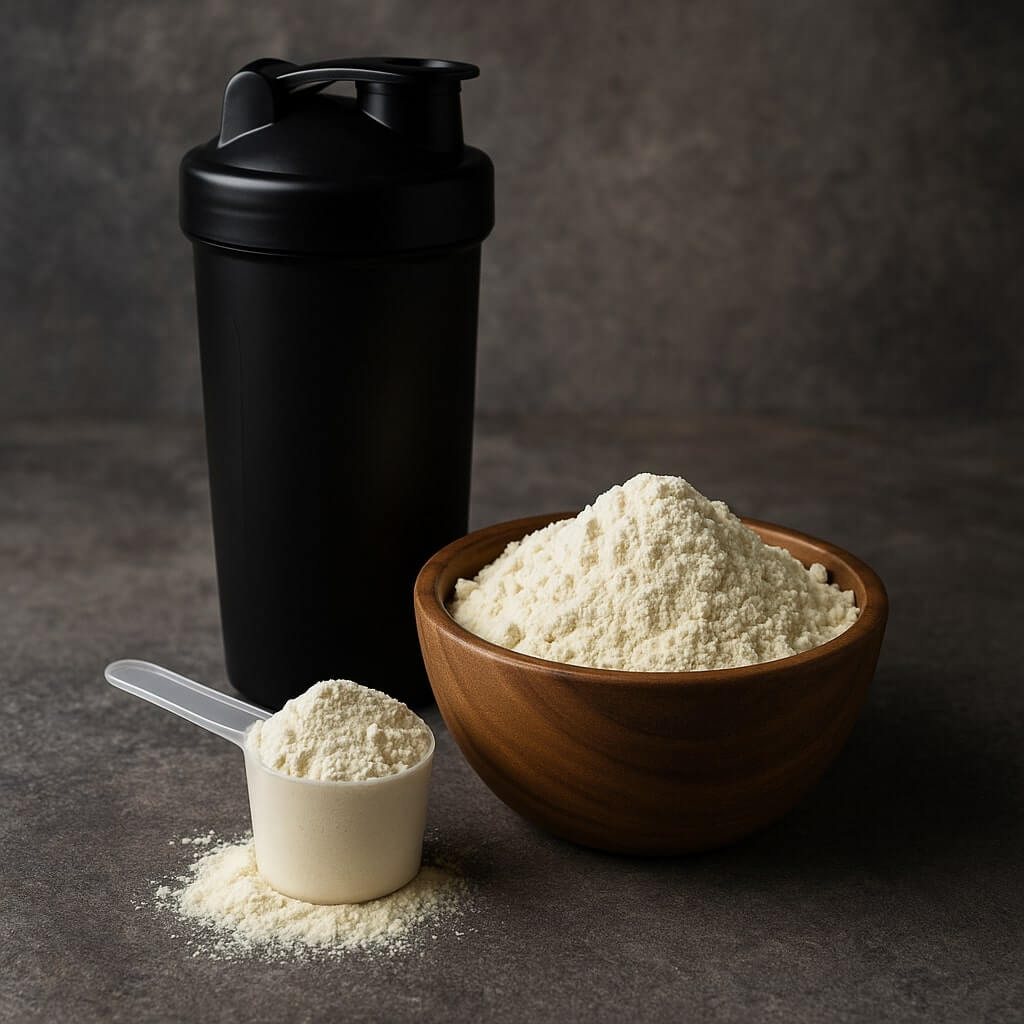 Imagem que mostra um scoop de whey protein, ao lado de uma shakeira