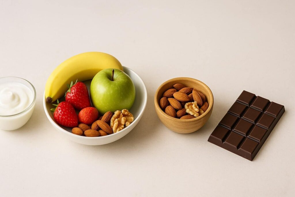 Alimentos saudáveis, como frutas, castanhas, chocolate 70%