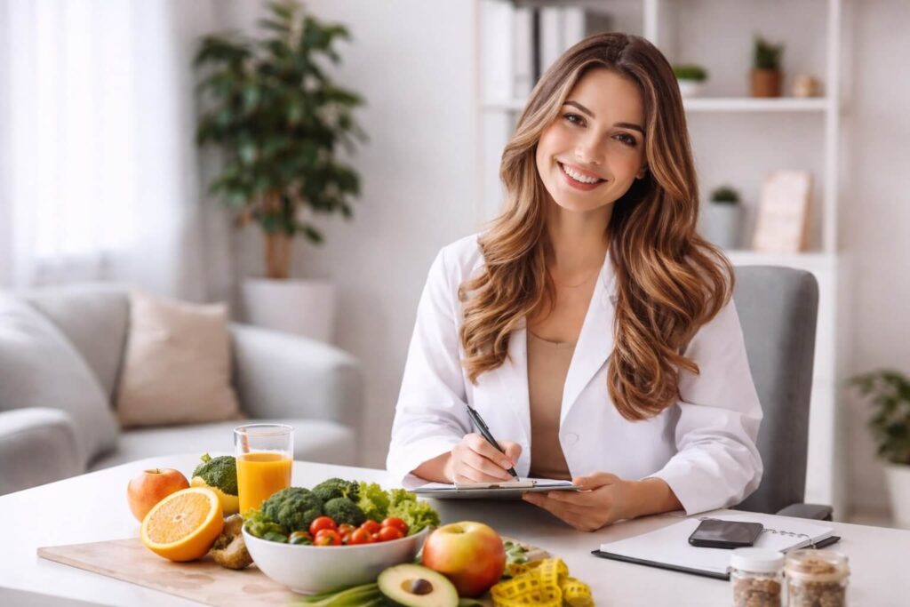 Imagem de uma nutricionista sorrindo