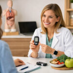 Como encontrar uma ótima nutricionista para diabetes em sua cidade? imagem generalista de uma nutricionista atendendo um paciente diagnosticado com diabetes