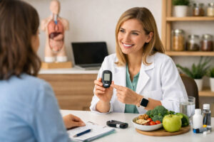 imagem generalista de uma nutricionista atendendo um paciente diagnosticado com diabetes
