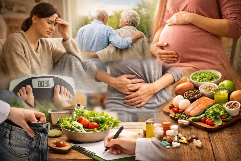 Pessoas em diferentes fases da vida e situações de saúde relacionadas à nutrição, incluindo mulher com cansaço, controle de peso, gestação, envelhecimento saudável e alimentos naturais organizados para orientação nutricional.