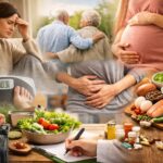 Pessoas em diferentes fases da vida e situações de saúde relacionadas à nutrição, incluindo mulher com cansaço, controle de peso, gestação, envelhecimento saudável e alimentos naturais organizados para orientação nutricional.