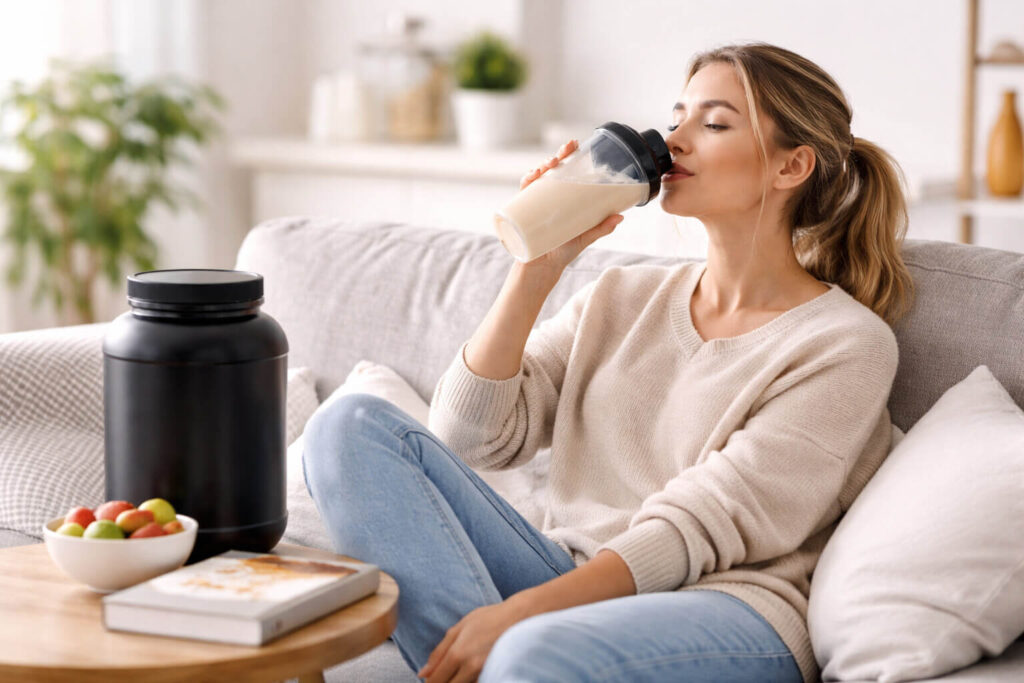 Uma mulher jovem sentada no sofá, tomando whey protein