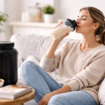 Uma mulher jovem sentada no sofá, tomando whey protein