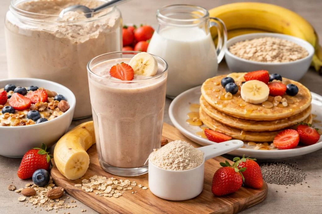 Whey protein no café da manhã com shake de frutas, panquecas, iogurte e ingredientes naturais como banana, morango e aveia