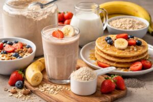 Whey protein no café da manhã com shake de frutas, panquecas, iogurte e ingredientes naturais como banana, morango e aveia
