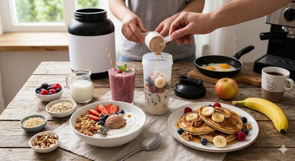 Foto de uma mesa de café da manhã com iogurte, panquecas e frutas. Uma pessoa adiciona uma dose de whey protein em pó a uma coqueteleira.