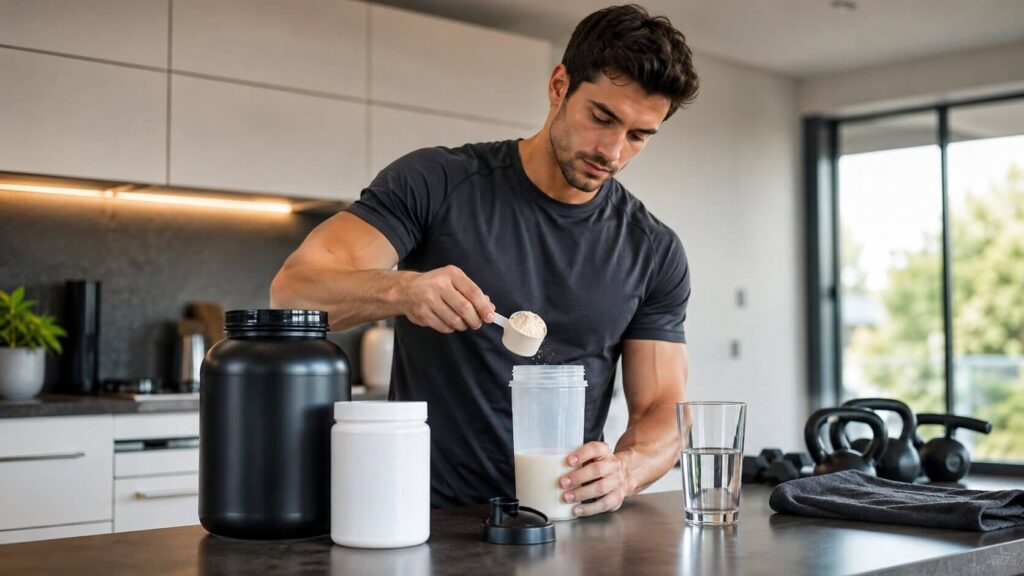 Imagem de um homem preparando seu shake proteico
