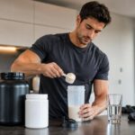 Imagem de um homem preparando seu shake proteico