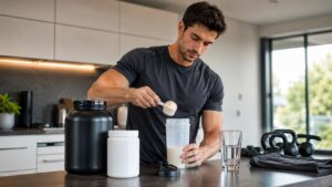 Imagem de um homem preparando seu shake proteico