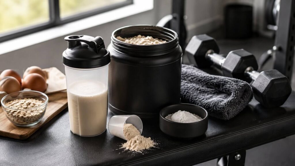 Imagem de um shake proteico, ao lado de potes de whey e creatina