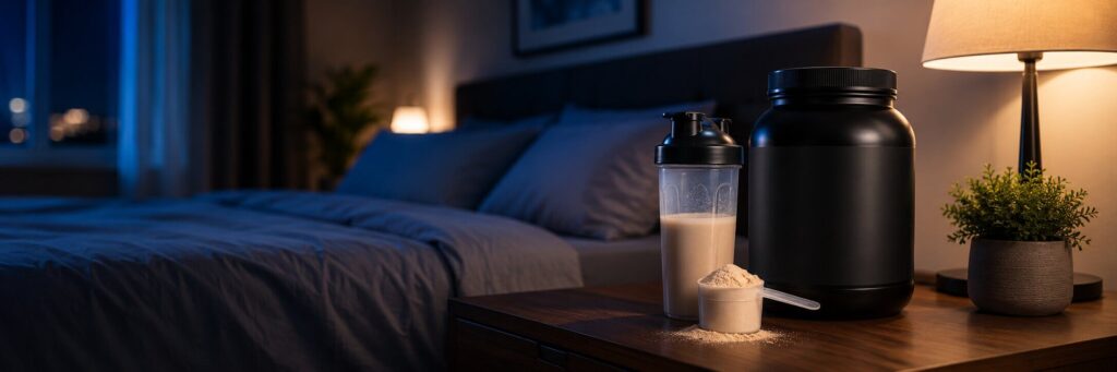 Imagem ilustrativa de um quarto, com o Whey Protein ao lado da cama
