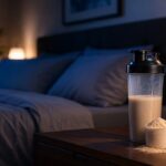 Imagem ilustrativa de um quarto, com o Whey Protein ao lado da cama