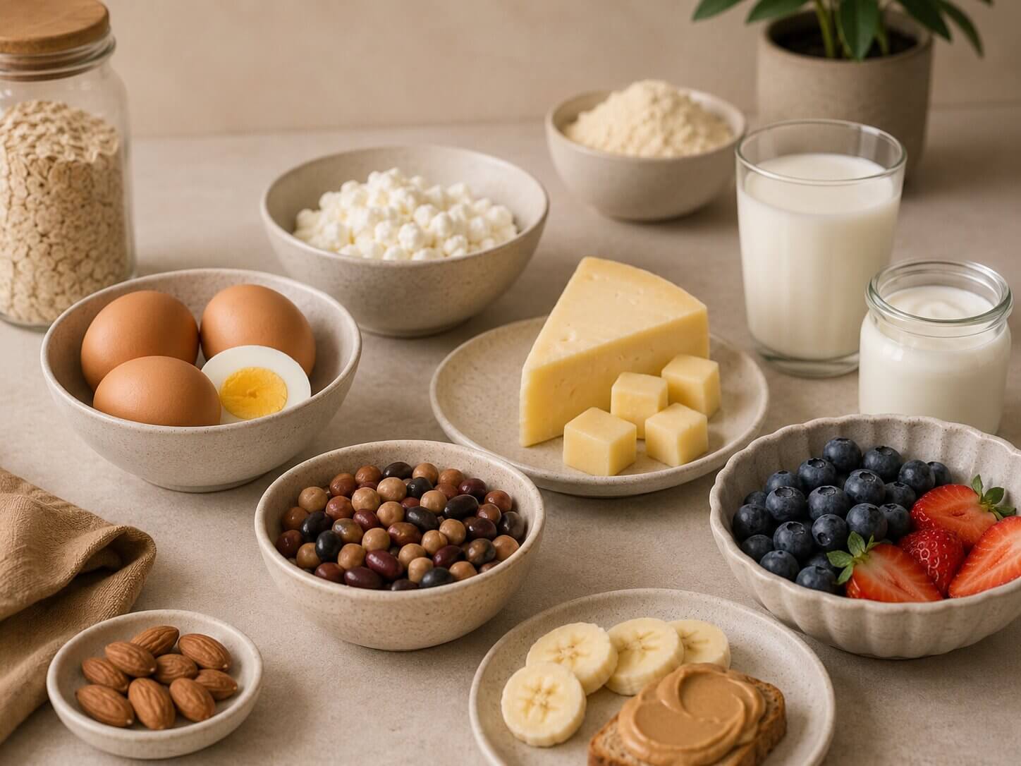 alimentos variados, como ovos, queijo, leite