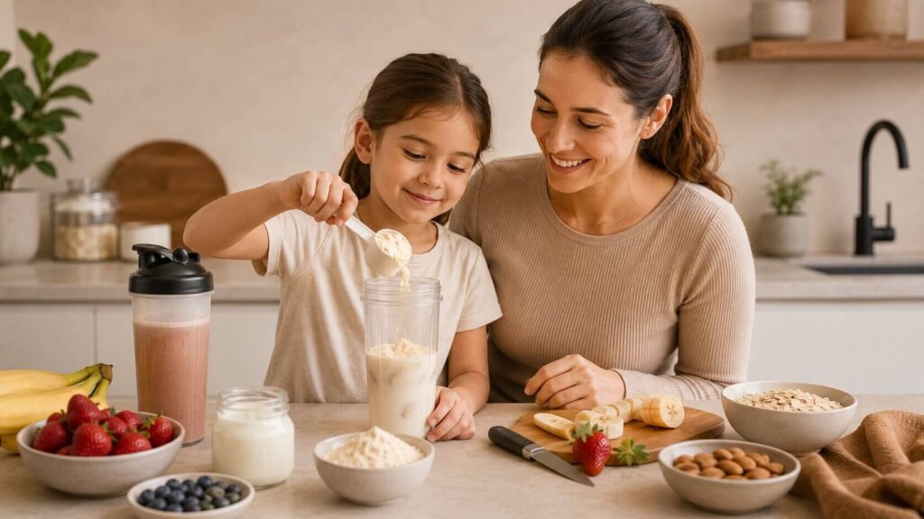 mãe ajudando a filha a preparar uma vitamina