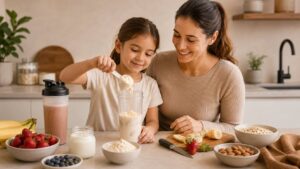 mãe ajudando a filha a preparar uma vitamina