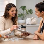 Nutricionista esportiva orientando paciente em consulta com plano alimentar personalizado, alimentos saudáveis e itens de treino.
