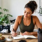 Mulher fisicamente ativa anotando dúvidas para a primeira consulta com nutricionista esportiva, com alimentos saudáveis, shaker e itens de treino ao redor.